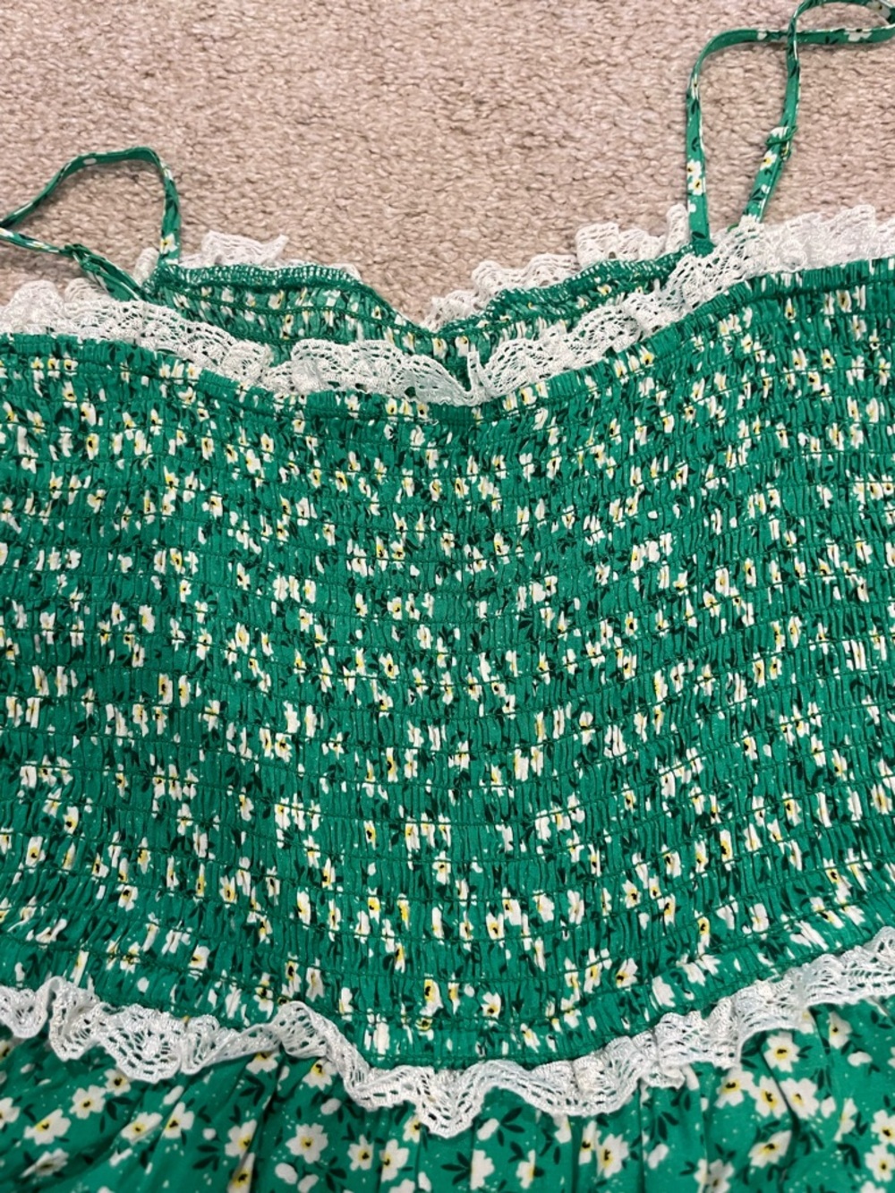Green Floral Smocked Romper with Lace Trim - Picture 4 of 6